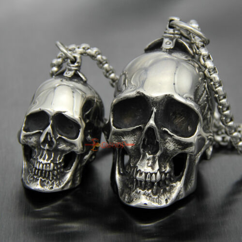 Men's Huge & Heavy Stainless Steel Skull Necklace Pendant Vintage Silver Charm 