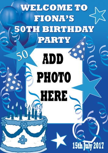 Grande photo bleu anniversaire poster bannière personnalisée tout nom texte photo 50 40 