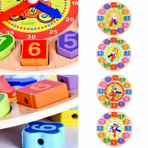 Kids Wood Clock Watches Educational Toy Number Time Learning Shape Sorter Puzzle