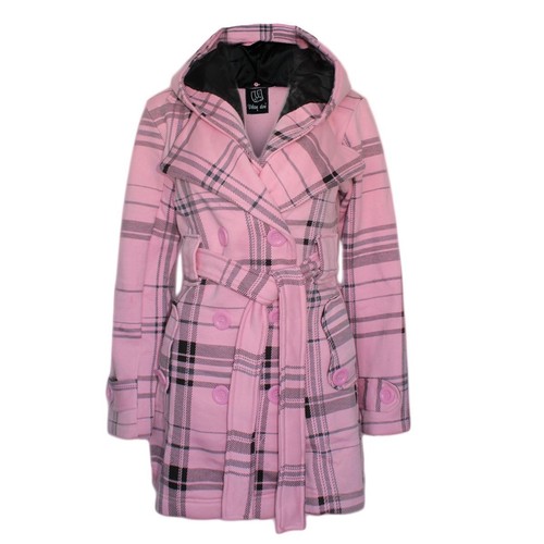 New Ladies Womens Check Hooded Belt Button Soft Fleece Coat Jacket Top
