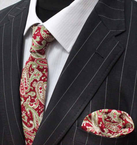 Uomo Cravatta /& Fazzoletto Set Slim Rosso e Verde Paisley cotone di alta qualità MTA09