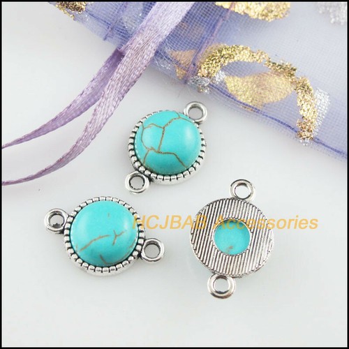 15Pcs Tibetan Silver Tone Blue Turquoise Round Charms Connectors 11x17mm