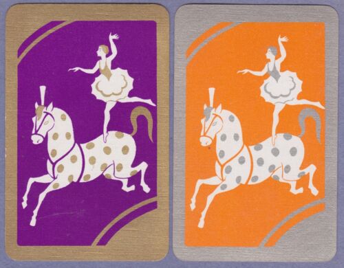 2 Single VINTAGE Swap/Playing Cards HORSES CIRCUS PONY BALLET LADY Gold/Silver 