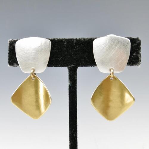 Marjorie Baer Two Tone Rectangle with Concave Leaf Post or Clip Earrings Modern