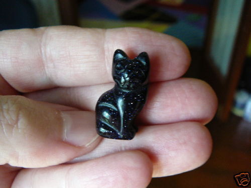 (Y-CAT-SI-506) Sitting KITTY CAT cats gemstone gem BLUE STONE carving kitties