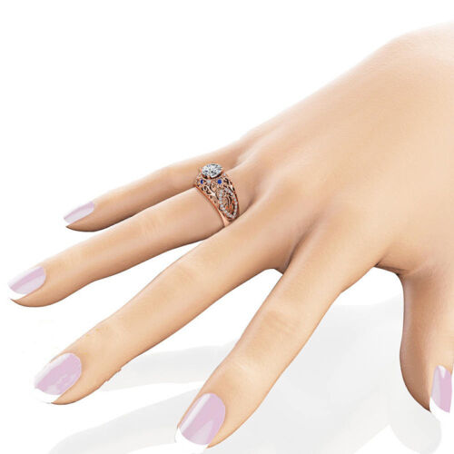 Rose Gold Color Hollowed Zircon Blue Crystal Rhinestone Rings Band Favor N7