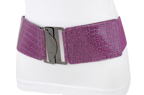Women Faux Leather Elastic Purple Wide Belt Hip High Waist Metal Buckle Size M L