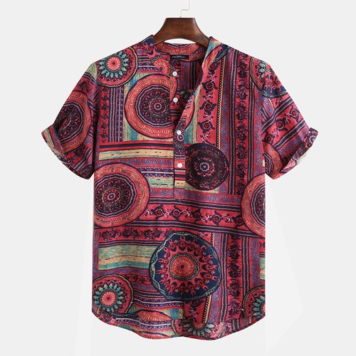 Retro Men Summer Cotton Linen Short Sleeve Floral Shirt Chinese Yoga T-shirt Top