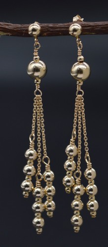 #BE-182 New 14K Solid Yellow Gold Round Triple Bead Drop//Dangle Earrings
