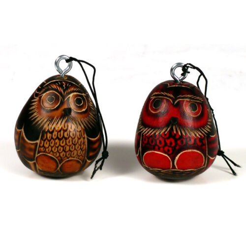 #4356 Two Artisan Hand Carved Gourd Owl Hanging Ornaments Peru Fair Trade 3.5" 