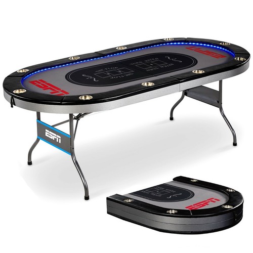 Premium Poker Table Foldable ESPN 10 Player Card Casino Game Room w// LED Lights