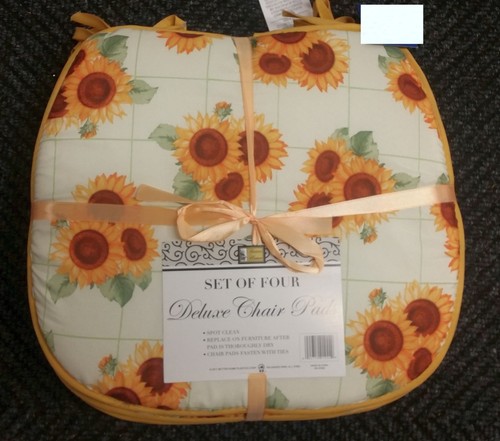 SUNFLOWERS TRIPLETS # 2 by BH Set of 4 CHAIR PADS CUSHIONS w//strings 15/" x 15/"