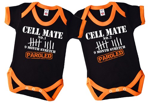 Funny Twin Baby Bodysuits with Trim /"Cell Mates 1 /& 2 9 Month Stretch Paroled/"