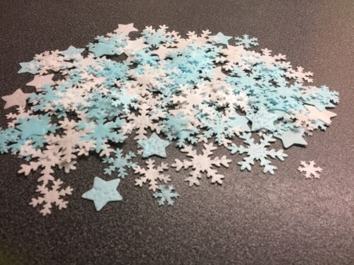 175 White And Blue Edible Rice Paper Frozen Snowflakes And Stars Cake Toppers
