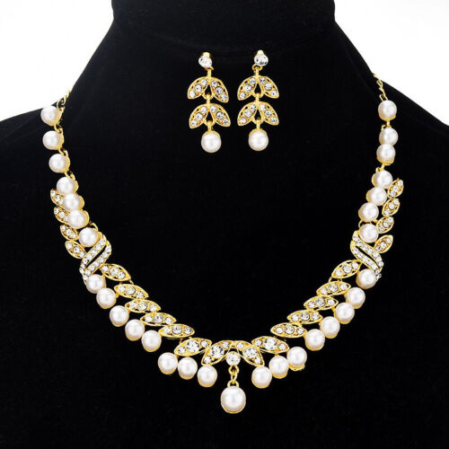 Crystal Diamantes Gold Leaves Pearls Necklace Earrings Set Costume Jewellery