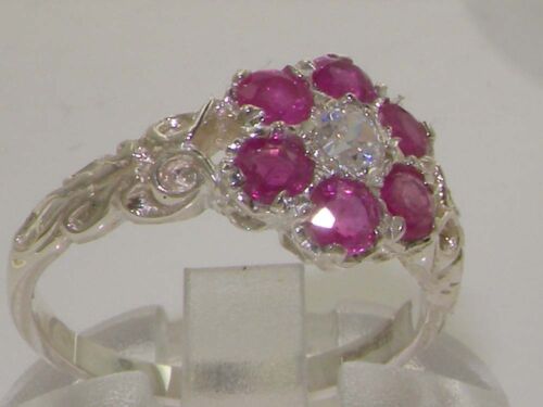 Victorian English Solid 925 Sterling Silver Natural Ruby & Diamond Daisy Ring 