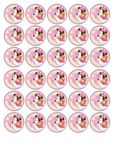 30 il une Fille Baby Shower Minnie Mouse Comestible Gaufre/Fondant Paper Cupcake Topper 