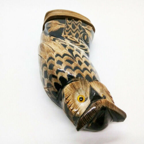 Owl Sculpture Water Buffalo Horn Carved 6/" Feng Shui Decor Collectible Gift V.18