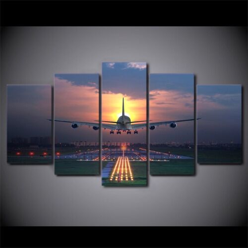 Airplane Landing Picture Sunset Lights 5 Panel Canvas Print Wall Home Poster