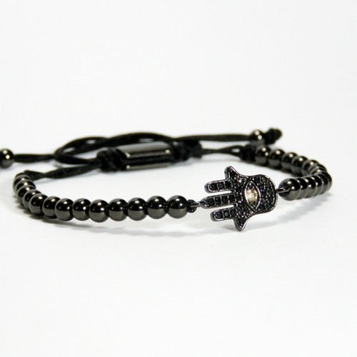 Hommes et Femmes Perle Bracelet Avec Charme incrusté de cristal 24 Karat Noir Plaqué Or