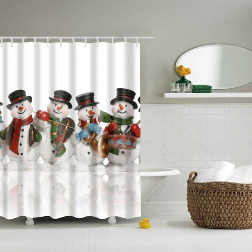 Christmas Decoration Xmas Waterproof Bathroom Snowman Santa Shower Curtain Hooks