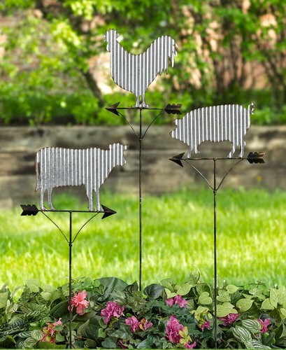 GALVANIZED METAL ROOSTER PIG COW STAKE Weathervane Look Country Farm Barn Art