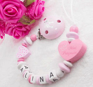 Schnullerkette mit Namen ★ MINI Prinzessin ★ Mädchen ★ Baby ★ rosa Glitzer ★