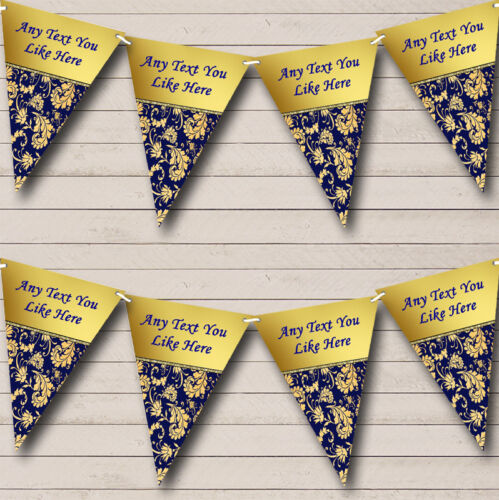 Navy Blue And Regal Gold Damask Personalised Birthday Bunting Party Banner 