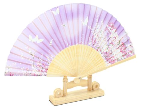 Chinese Japanese Silk Lace Floral Butterfly Wooden Cat Folding Hand Fans Stand 