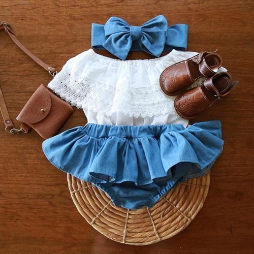 Canis Newborn Baby Girls Lace Tops Demin Shorts Dress Headband Outfits Clothes