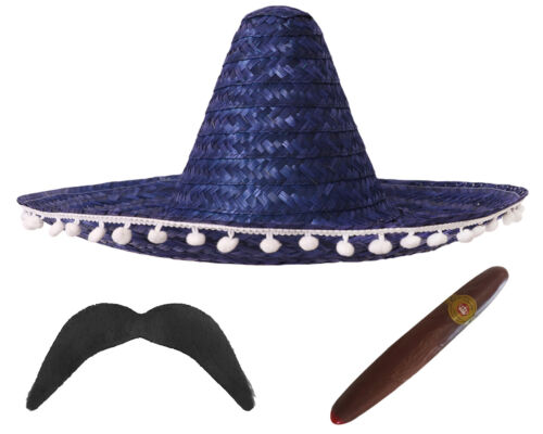 NAVY BLUE MEXICAN SOMBRERO HAT ADD MOUSTACHE CIGAR WEST FANCY DRESS COSTUME LOT
