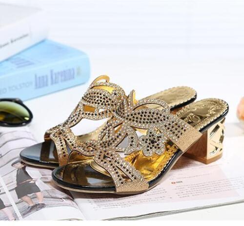 Women/'s Hollow Sandals Mules Rhinestone Open Toe Slippers Block Heels Shoes W406