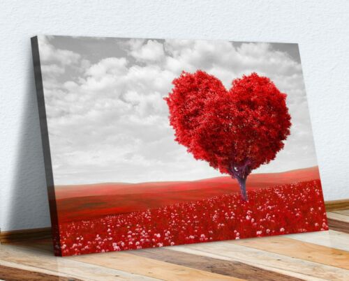 Red Heart Shaped Tree Leaves Black White Canvas Wall Art Picture Print