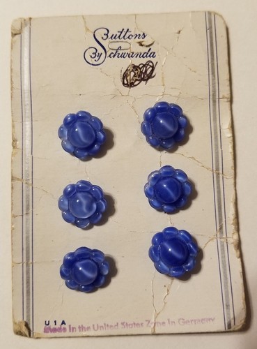 SCHWANDA 6 BLUE GLASS FLOWER BUTTONS ON CARD US ZONE GERMANY