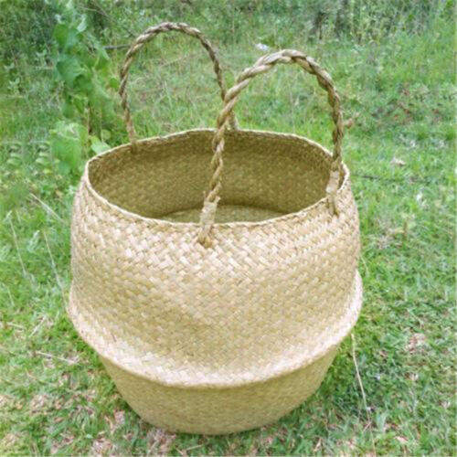 Basket Rattan Folding Wicker Handle Round Natural Sea Grass Plant Storage WoodPH