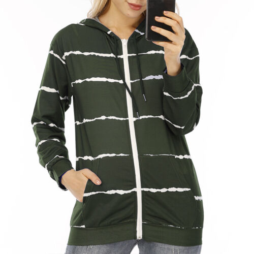 Womens Stripes Zip Up Hoodies Coat Casual Jacket Ladies Hooded Sweatshirt Tops