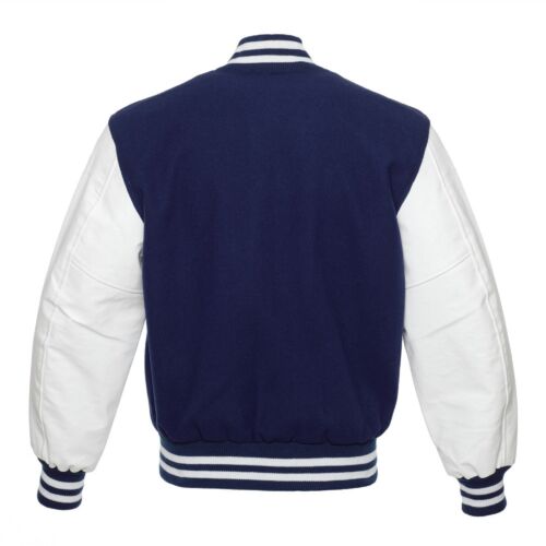NavyBlue Wool White Real Leather Letterman College Varsity Bomber Jacket 2XS~4XL