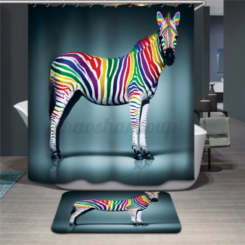 2Pcs//Set Waterproof Color Zebra Shower Curtain Toilet Carpet Bathroom Mat