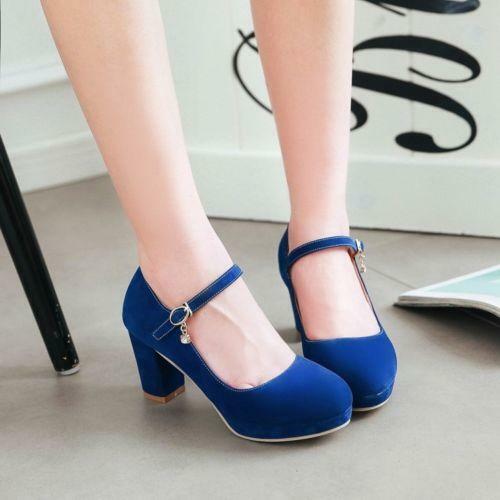 Womens Ankle Strap High Heels Round Toe Faux Suede Sandals Mary Jane Shoes Pumps