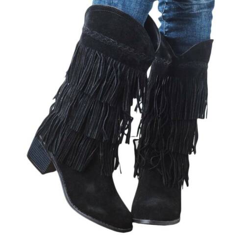 Womens Suede Tassel Fringe Moccasin Boots Flat Low Heels Mid Calf Shoes Size 