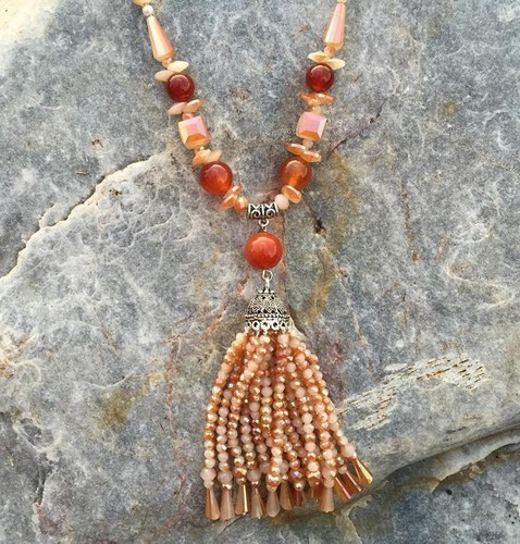 Sunset Burnt Orange and Cream Beaded Crystal /& Rhinestones Tassel Necklace