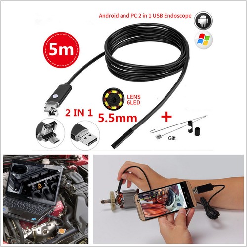 2In1 5M 5.5mm 6LED HD Endoscope Waterproof Snake Borescope USB Inspection Camera