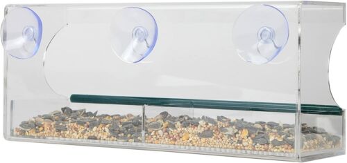 Large Acrylic Window Bird Feeder w/Removable Tray Suction Cups & Drain Holes 