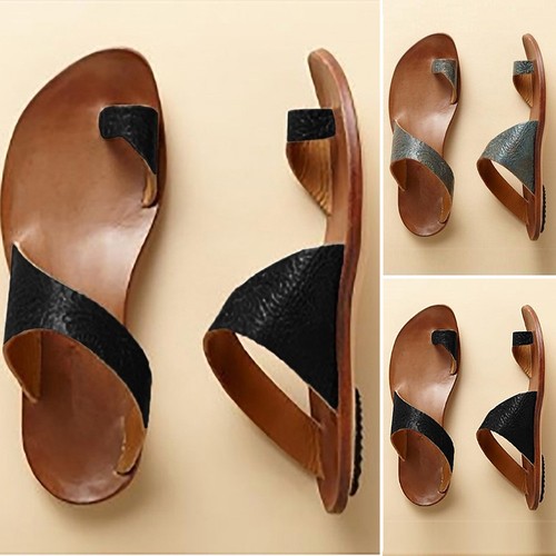 Women Gladiator Low Flat Heel Summer Leather Flip Flops Beach Sandals Shoes Size