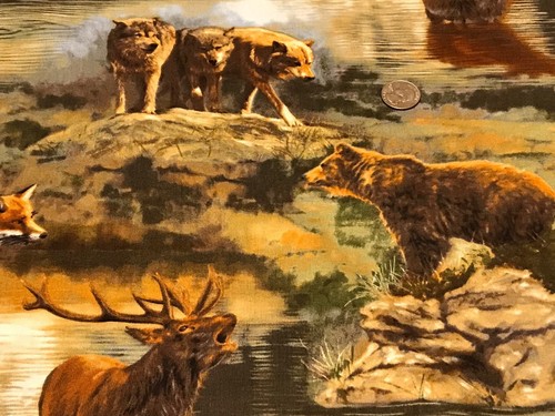 Fabric Nature Studies Wolves Elk Bear National Parks Cotton 1 Yard Large Print