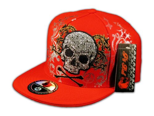 Skull and Crossbones on Red Flat Brim Hip Hop Fitted Hat Jewels 