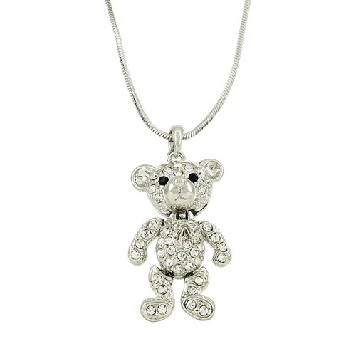Teddy Bear Charm Pendant Necklace Sparkling Crystal 17/" Chain Movable Parts