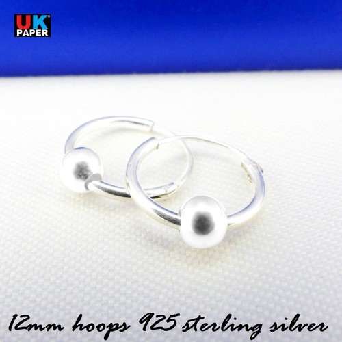 925 STERLING SILVER 12mm HOOP EARRINGS WITH BALL BEAD SMALL SOLID STUD NOSE RING