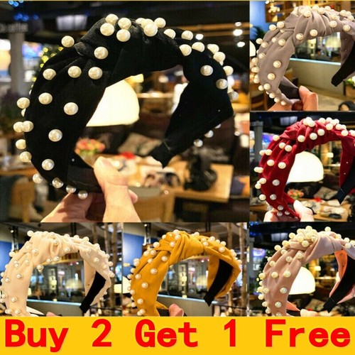 Women Fabric Pearl Hairband Bow Knot Cross Headband Girl Hair Band Headwear