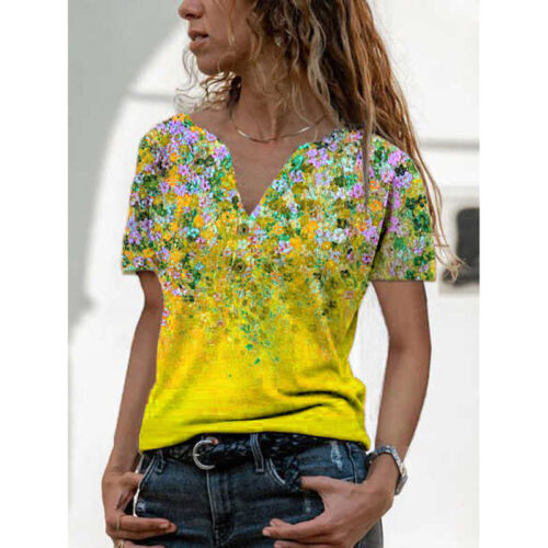 Summer Womens Casual Floral Blouse Button V Neck Short Sleeve T Shirt Loose Tops 